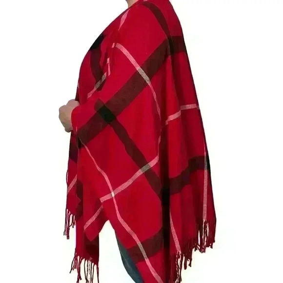 Jessica McClintock Red Plaid Fringe Wrap Shawl Open Front Cardigan One Size - Picture 3 of 8